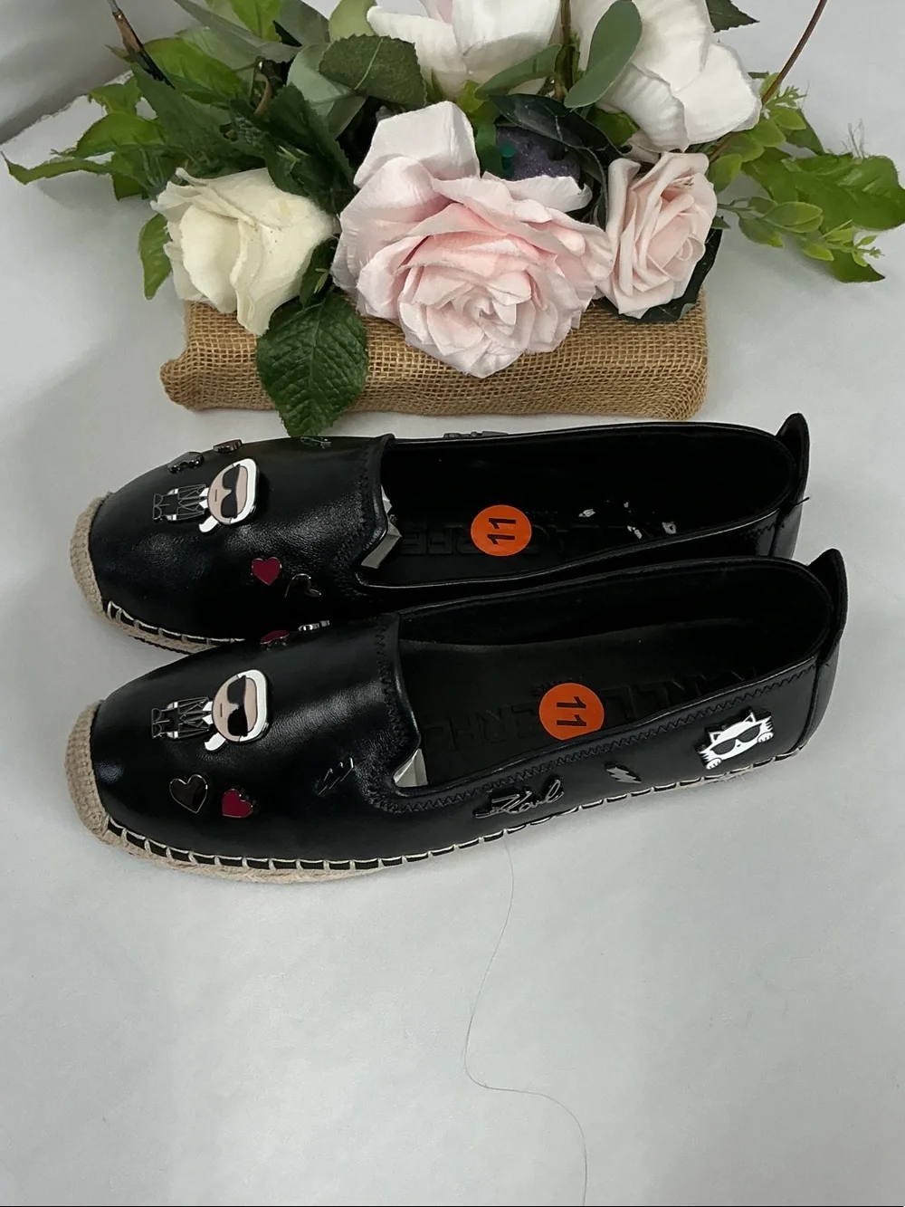 Black Women's Slip-On Espadrilles with Stud & Heart Accents